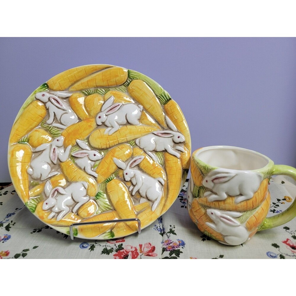 Vintage Takahashi San Francisco  Bunny Rabbit Carrot Childrens Plate And Cup Set